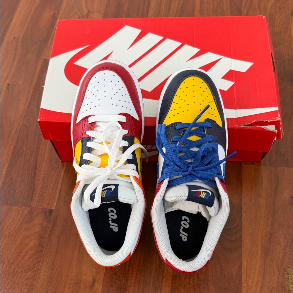Nike Dunk Low JP QS women’s Red, Yellow, and Blue Sneakers. Size 7.5